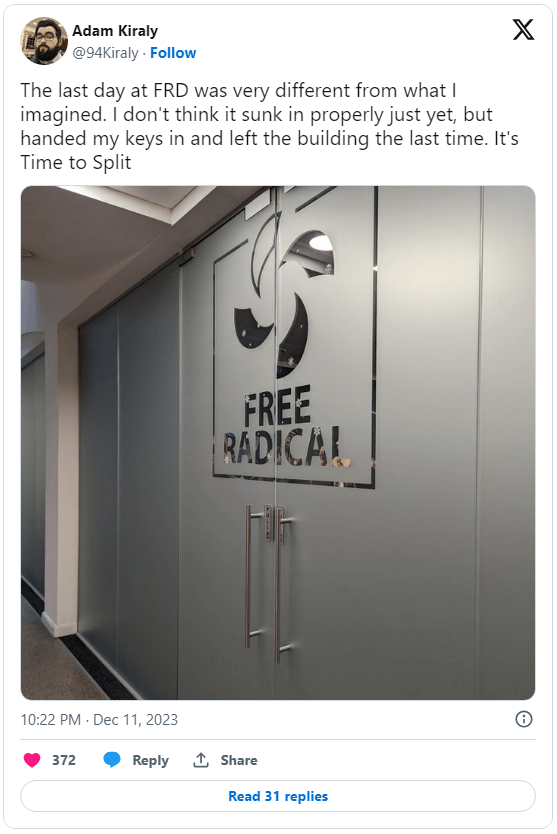 超 50 人失业，《时空分裂者》游戏工作室 Free Radical 宣布关闭
